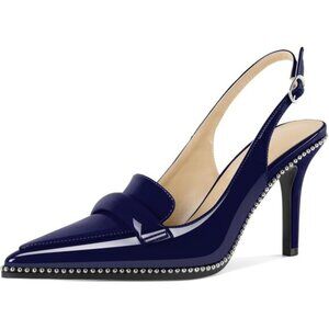 Women Navy Stiletto Beaded Shoes Pointed Toe Slip On Loafers Slingback Heels